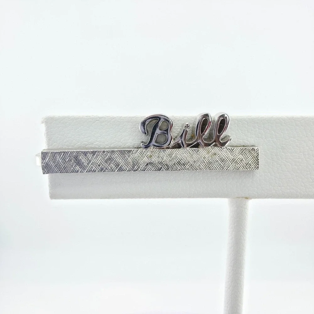 Vtg SWANK 'Bill' Name Tie Clip Tie Bar Tie Clasp Textured Silver Tone FREE $HIP!